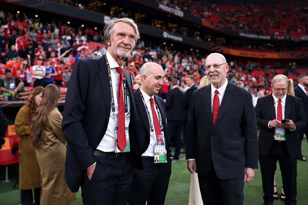 Sir Jim Ratcliffe, minority shareholder of Manchester United and CEO of INEOS (L), and Avram Glazer, Owner of Manchester United (R), look on prior to the UEFA Europa League Final 2025 between Tottenham Hotspur and Manchester United at Estadio de San Mames on May 21, 2025 in Bilbao, Spain.