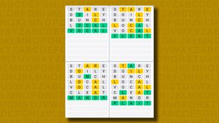 Quordle Daily Sequence answers for game 962 on a yellow background