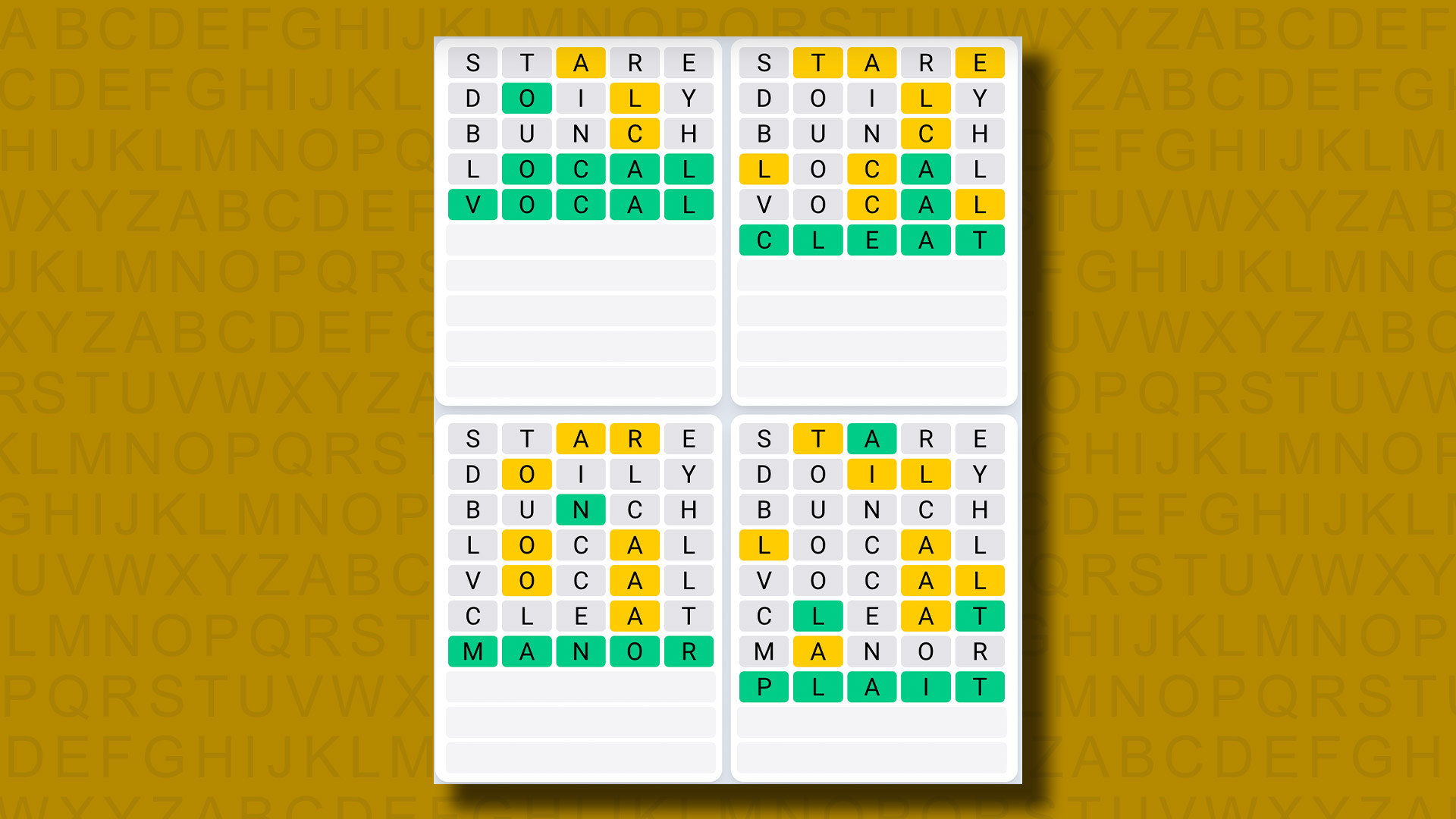 Quordle Daily Sequence Answers for Game 962 on a yellow background