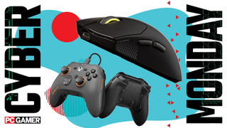 A Corsir mouse and Scuf wired controller float in the funky Cyber Monday deal void.