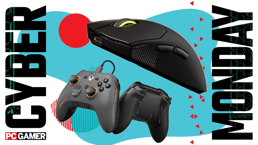 A Corsir mouse and Scuf wired controller float in the funky Cyber Monday deal void.