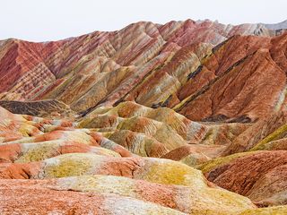 The Danxia Rainbow Mountains, located within the National Geopark of Zhangye in China.