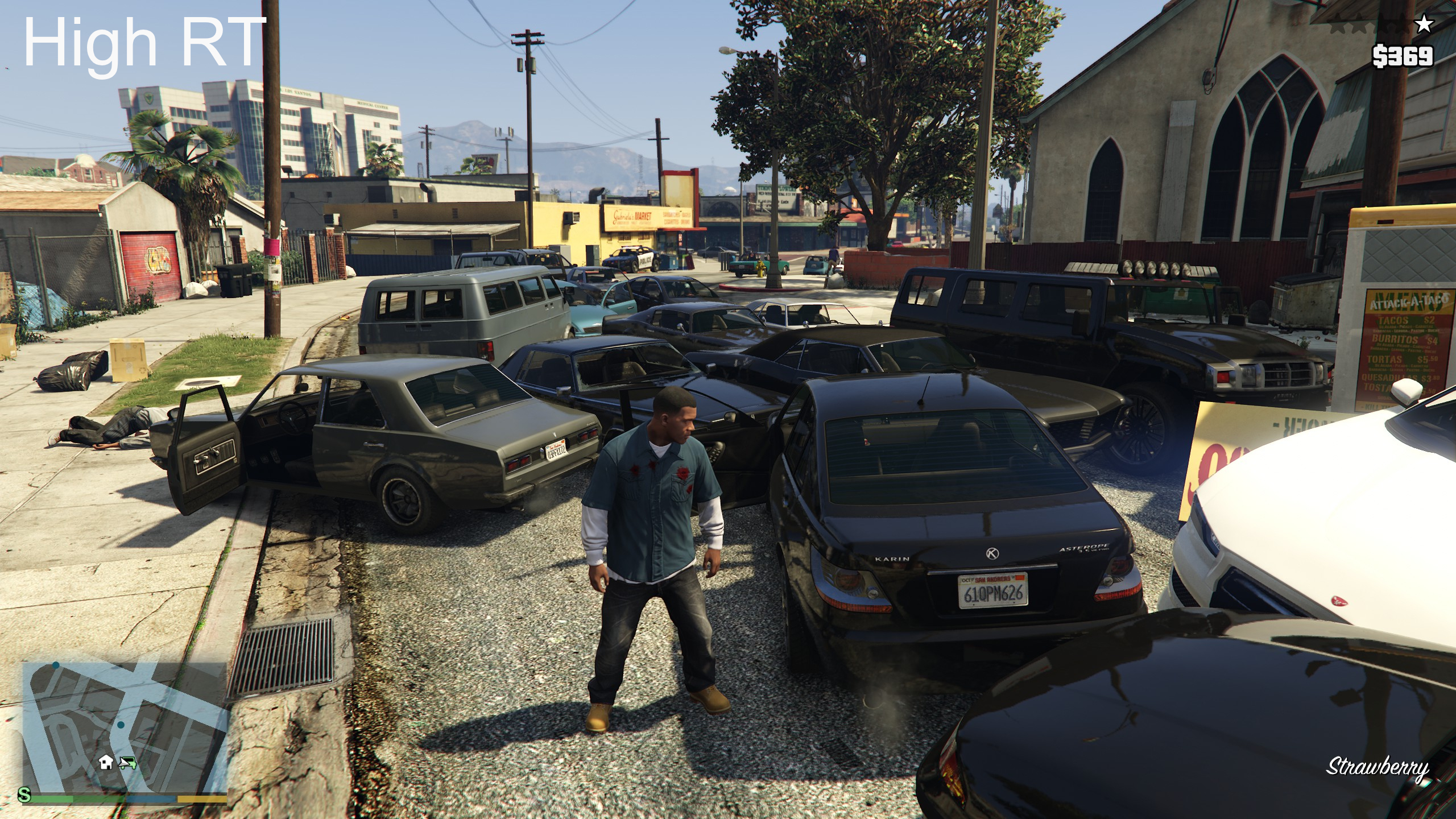 A screenshot taken in GTA 5 Enhanced edition showing a street scene with multiple cars at High RT settings