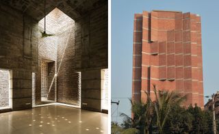 The photo to the left shows the interior of the Baitur Rauf Jame Mosque. It's built out of concrete rectangular blocks and bricks, the floors are covered in beige tiles. The facade of the exterior is in red brick.