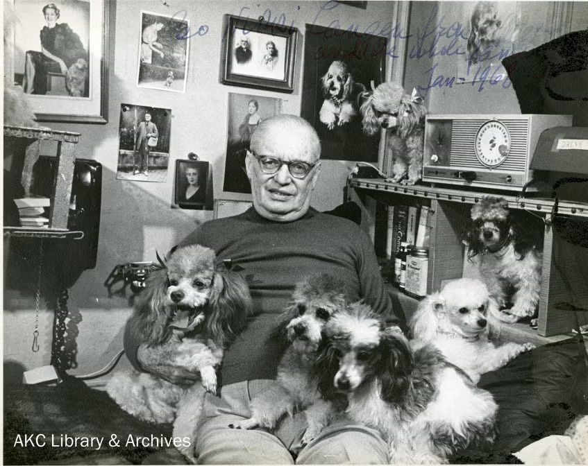 Count Alexis Pulaski sits surrounded by several toy poodles in a room filled with framed dog portraits, books and memorabilia at Poodles, Inc.