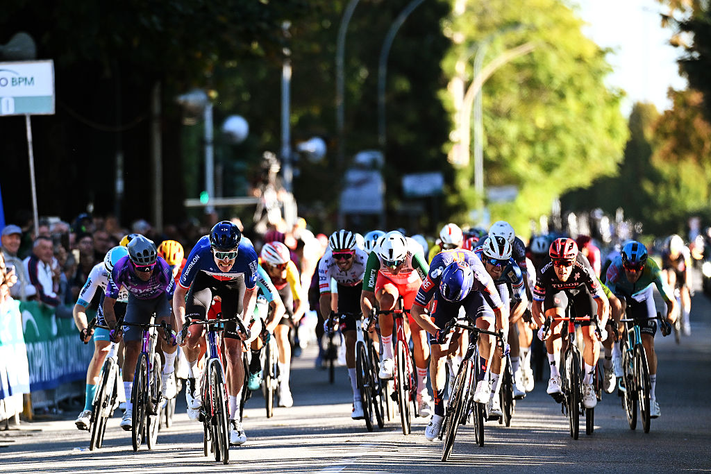 LEGNANO, ITALY - OCTOBER 06: A general view of Dorian Godon of France and Team Decathlon AG2R La Mondiale and Tobias Lund Andresen of Denmark and Team Picnic PostNL sprint at finish line to win the race during the 106th Coppa Bernocchi 2025 a 191.6km one day race from Legnano to Legnano on October 06, 2025 in Legnano, Italy. (Photo by Dario Belingheri/Getty Images)