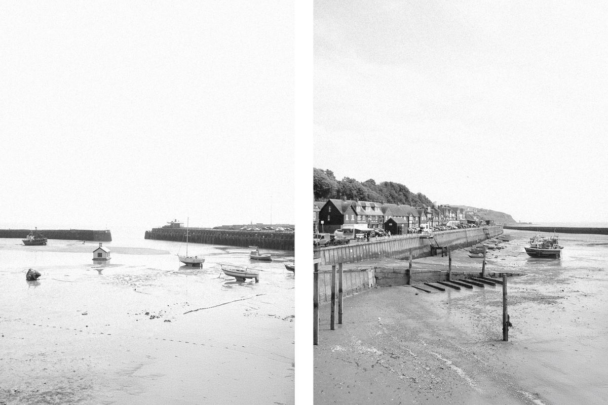 Two pictures of a bay while the tide is out with fishing boats