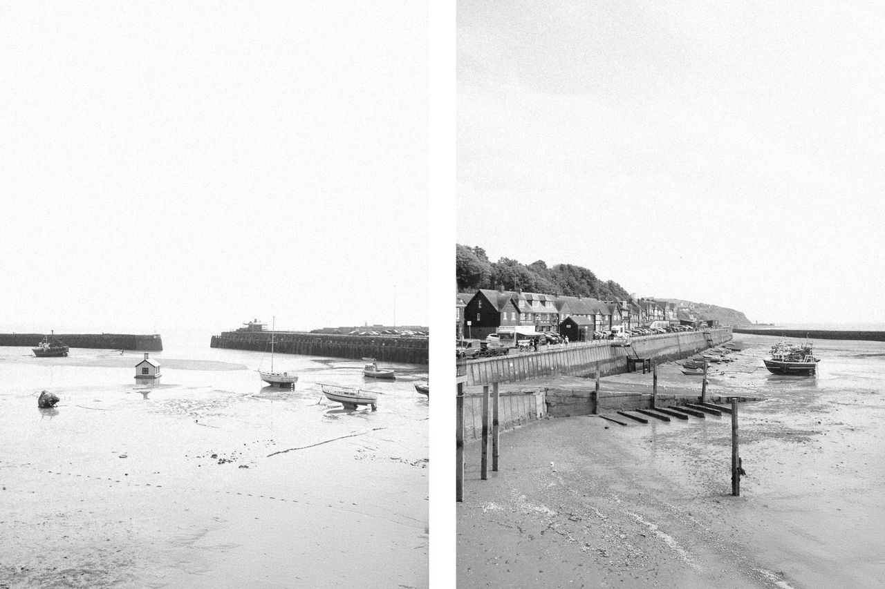 Two pictures of a bay while the tide is out with fishing boats
