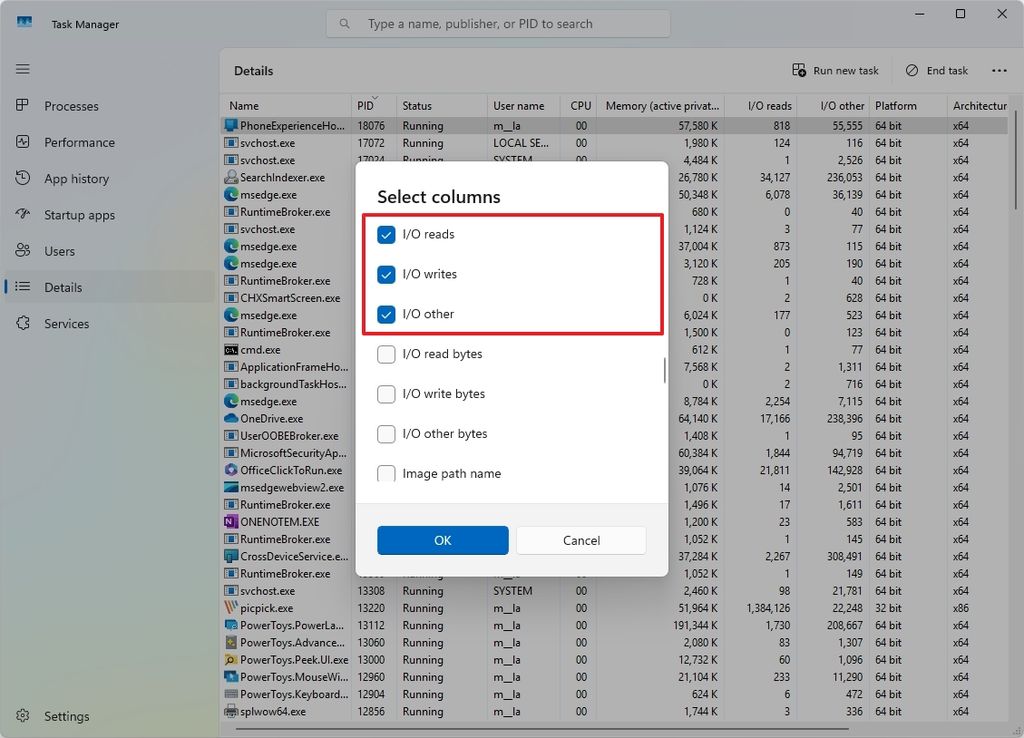 Task Manager Details I/O info