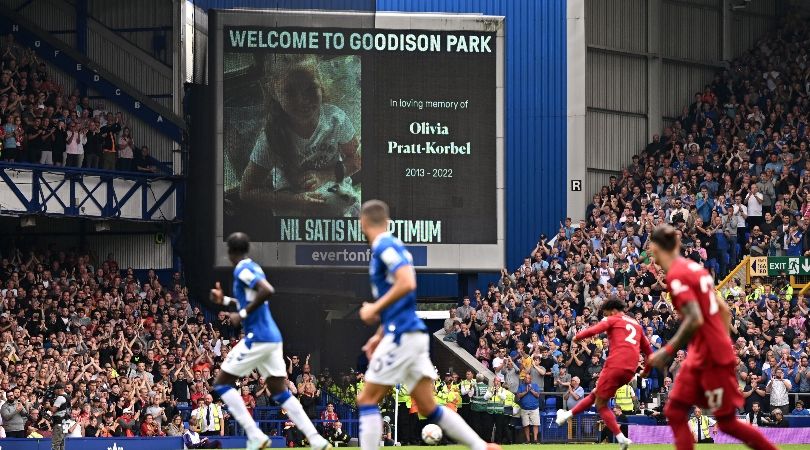 A tribute to murdered nine-year-old Olivia Platt-Korbel during Everton&#039;s Premier League game against Liverpool at Goodison Park.