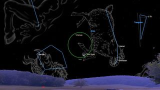 An illustration of the night sky on Saturday (Feb. 25) showing the moon and Uranus in close proximity 
