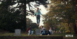 Max levitates above Lucas, Steve and Dustin in the Stranger Things season 4 trailer
