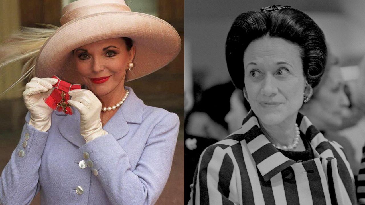 A picture of Joan Collins in a lavender suit jacket, pearls and white gloves with a large hat holding a red ribbon next to a black and white photo of Wallis Simpson in a straped coat and pearls