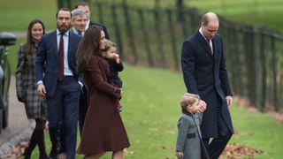 Prince William, Catherine, Princess of Wales, Prince George, Princess Charlotte, Pippa Middleton and James Middleton attend Church on Christmas Day on December 25, 2016 in Bucklebury