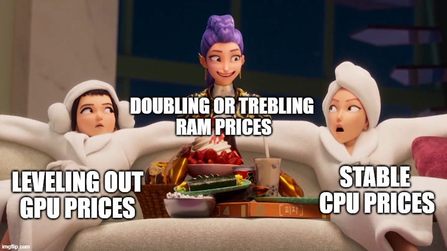 K-Pop Demon Hunters on a couch with text referencing the state of pricing in the PC hardware industry right now