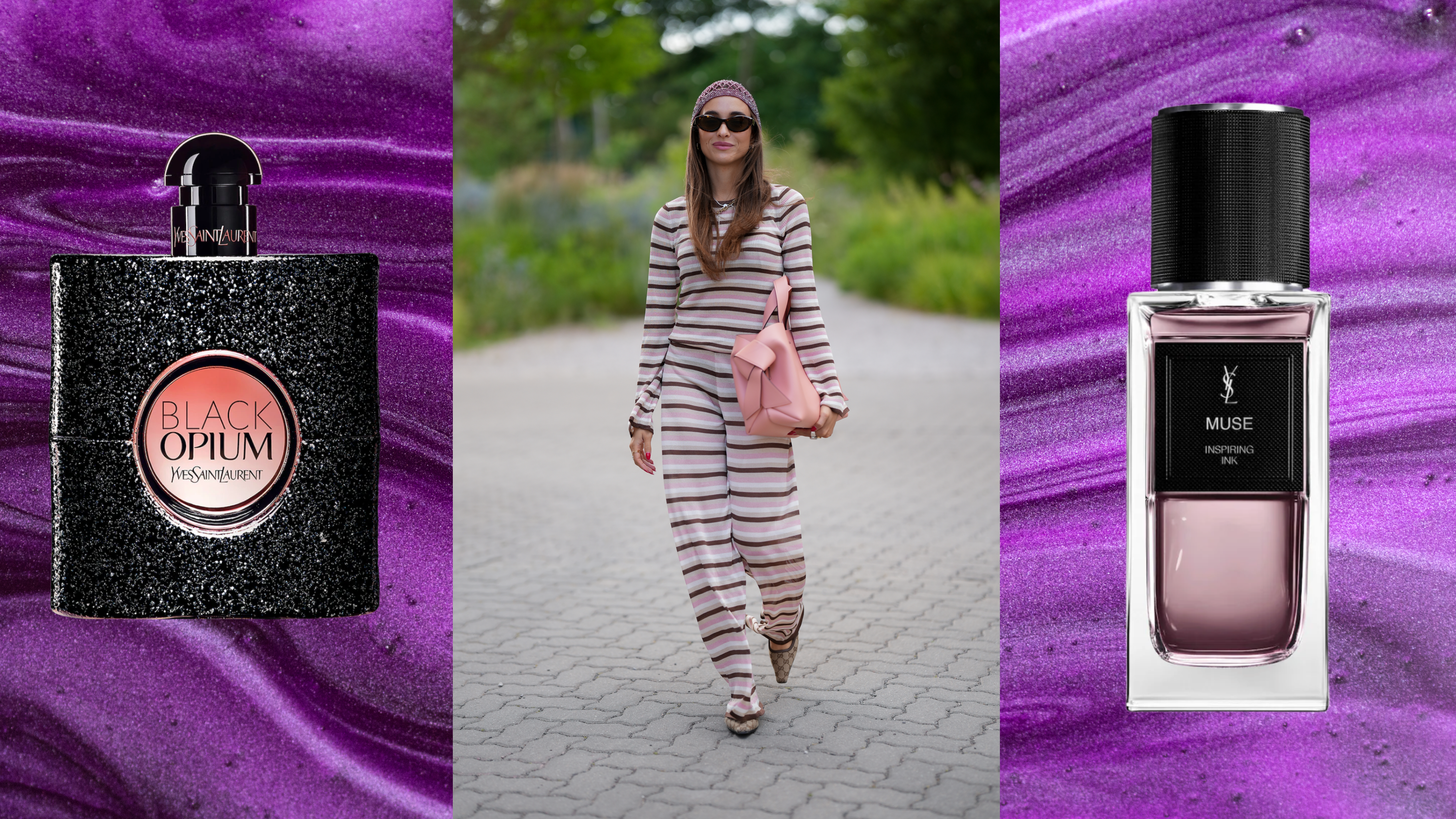 A woman wearing a purple, striped, two-piece set with long sleeves, holding a pink bag. She is flanked by 2 bottles of perfume from YSL.