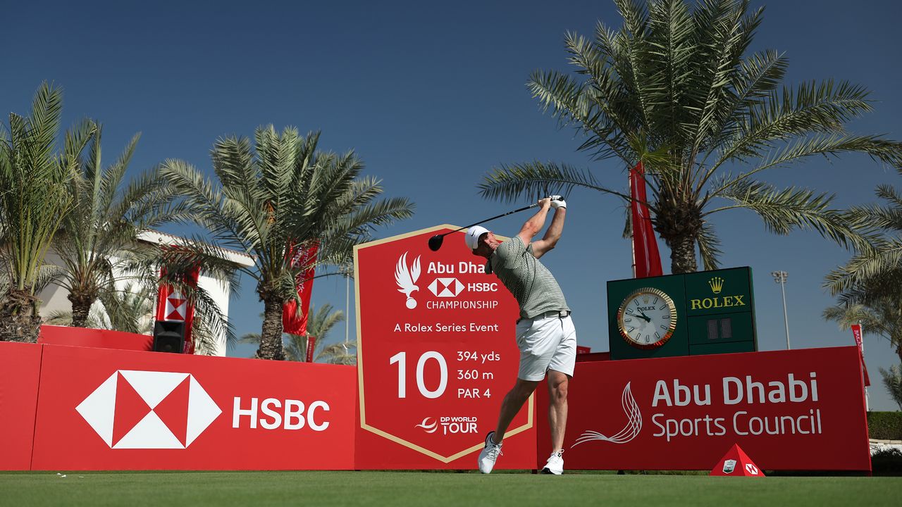 Rory McIlroy takes a tee shot during a practice round before the Abu Dhabi Championship