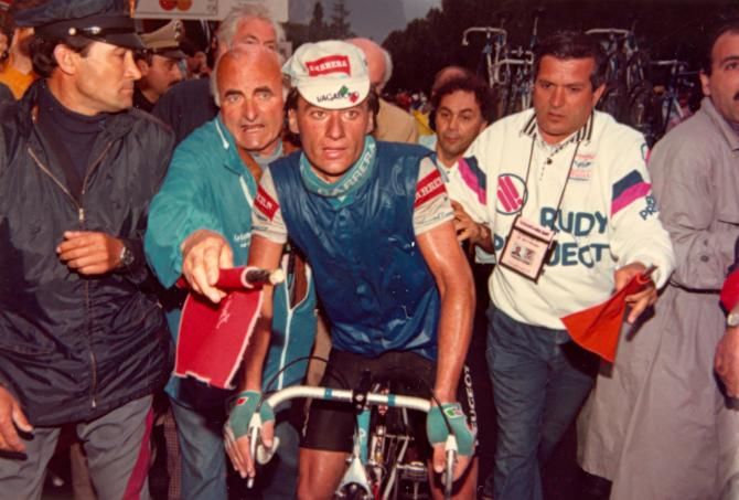 A rain-soaked Visentini after losing the pink jersey to Roche
