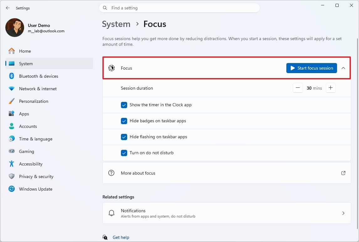 Focus feature for Windows 11