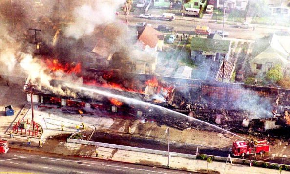 An aerial view of damage during the 1992 L.A. Riots.