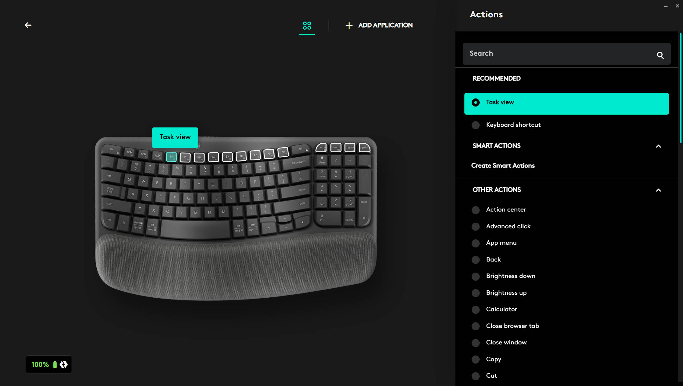 Logitech Options+ control displaying the macro configuration for the Wave Keys keyboard