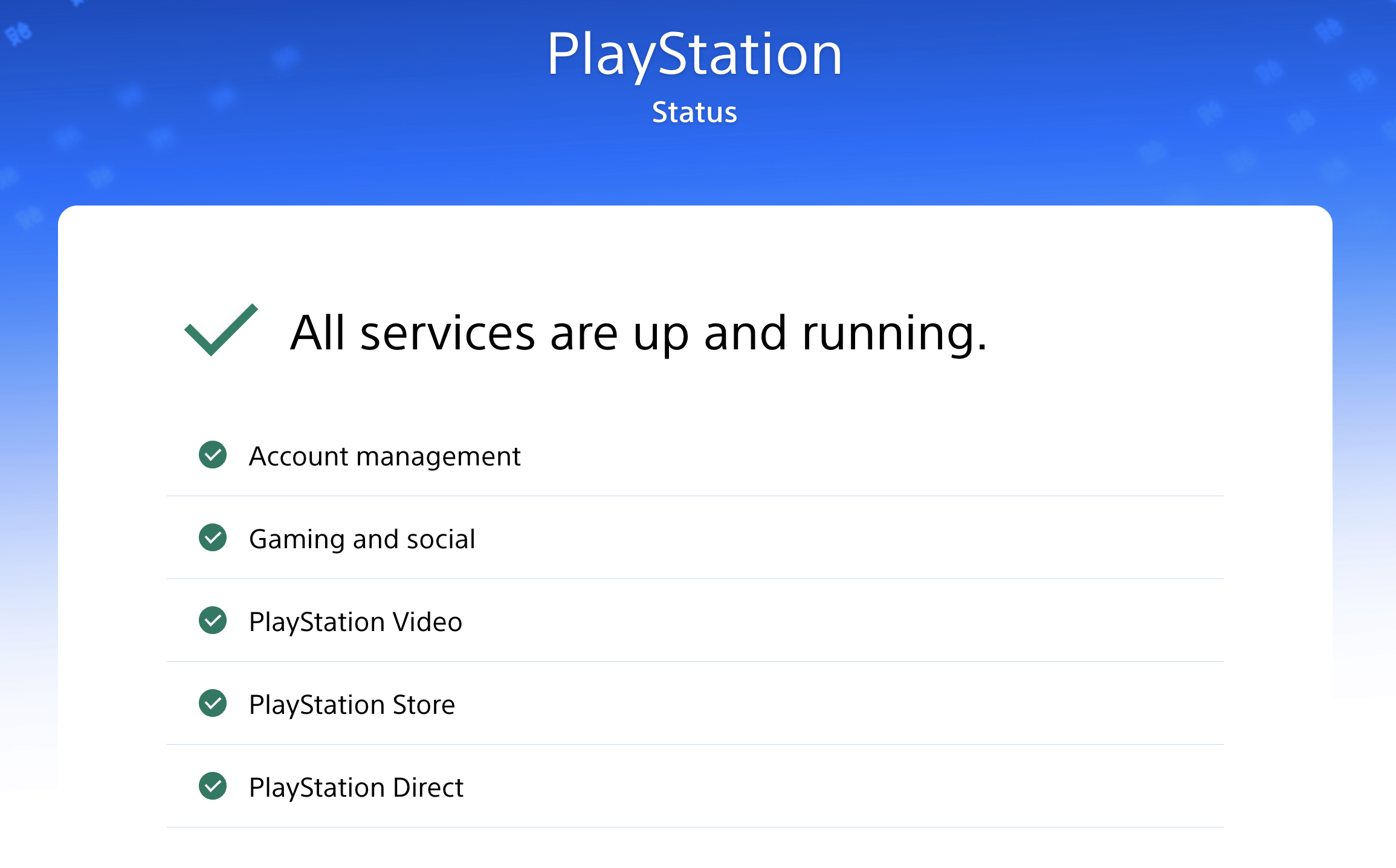 The PlayStation Status page, showing all services working correctly