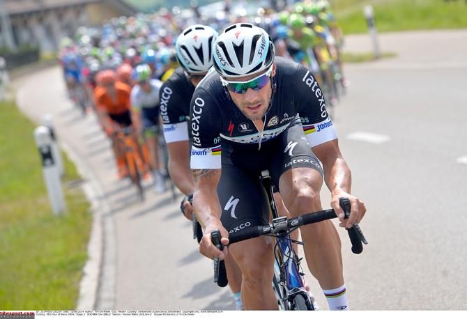 Tom Boonen (Omega Pharma-Quickstep) pulls the peloton along for race leader Tony Martin
