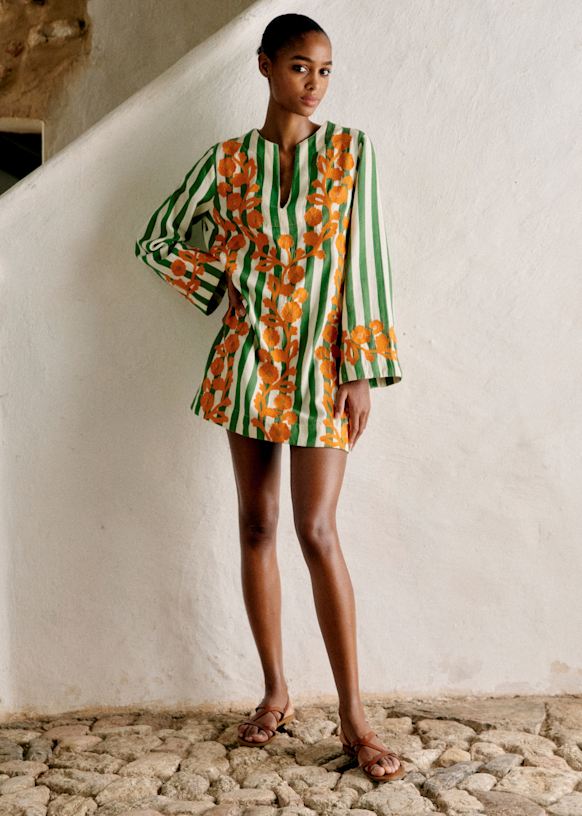 Isla Dress - Green With Ochre Embroidery - Organic Cotton - Sézane
