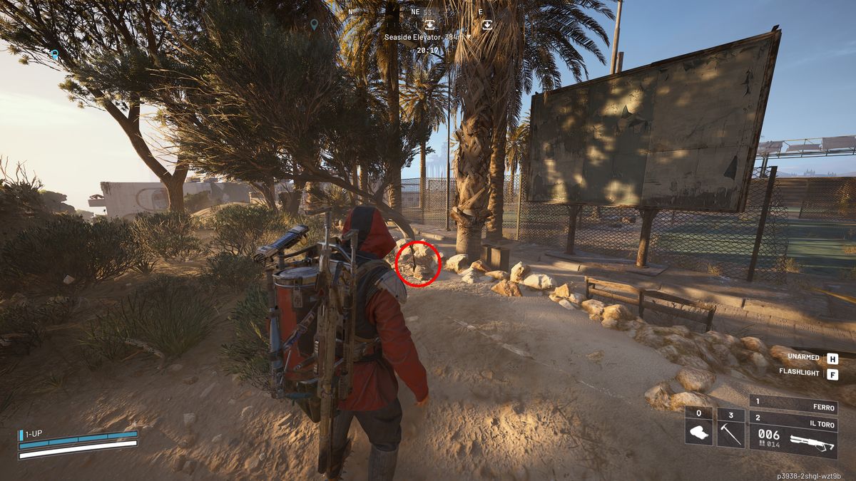 Arc Raiders Safe Harbor: A player looking at a dig site behind a tennis court, with a red circle drawing attention to the small shovel in the ground.