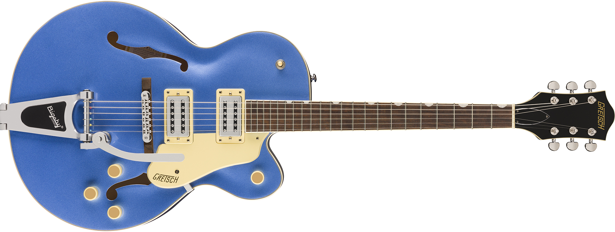 A photo showing a detail of the Gretsch Streamliner Hollow Body electric in Fairlane Blue finish
