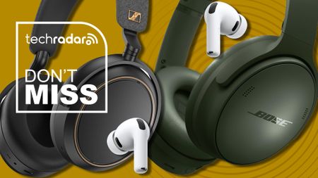AirPods, Bose headphones and Sennheiser over-ears on a mustard background, with TR's 'Don't Miss' badge