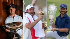 (L to R) Tommy Fleetwood poses with the FedEx Cup, the Ryder Cup and the DP World India Championship
