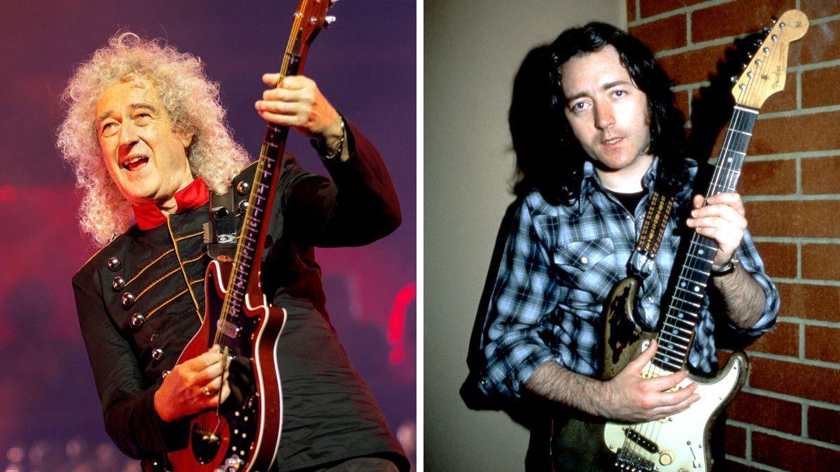 Left-Brian May of Queen performs at The O2 Arena on June 05, 2022 in London, England; Right-Irish blues and rock guitarist, singer, songwriter, and producer, Rory Gallagher (1948-1995), poses for a portrait with his guitar on September 25, 1982 at the Old Waldorf in San Francisco, California