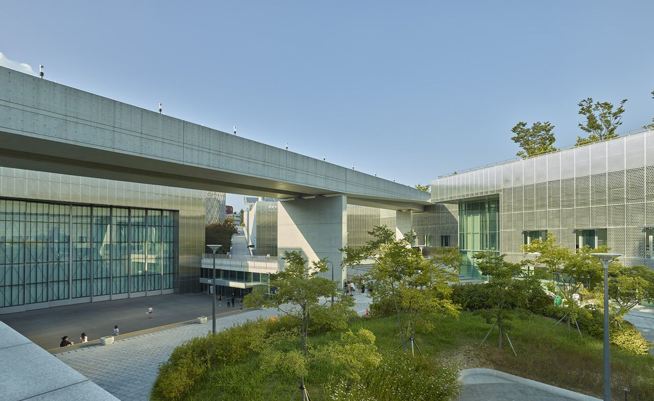 Glass-fronted building looking onto a patch of trees