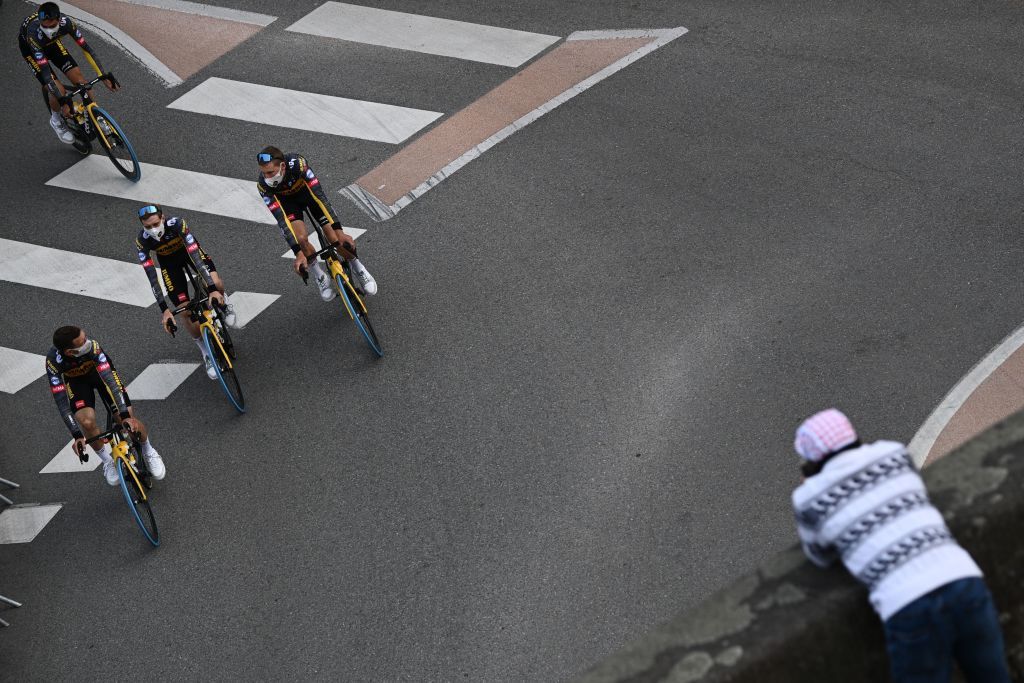 Team Jumbo Vismas riders attend the teams presentation two days ahead of the first stage of the 108th edition of the Tour de France cycling race near Brest on June 24 2021 Photo by AnneChristine POUJOULAT AFP Photo by ANNECHRISTINE POUJOULATAFP via Getty Images