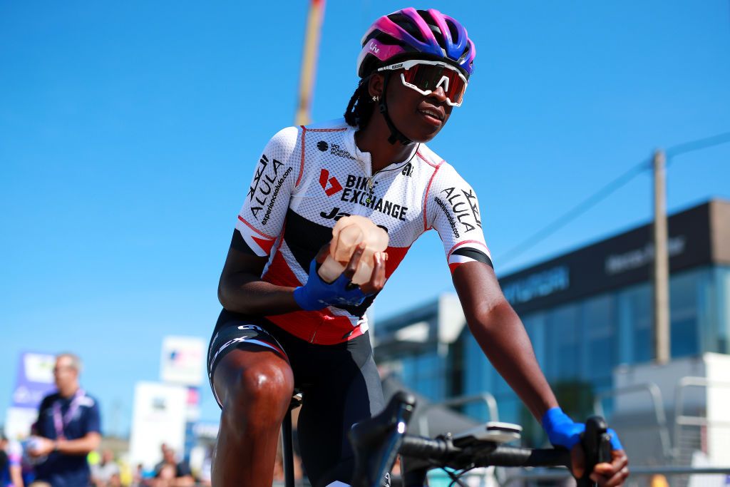 COLINDRES SPAIN SEPTEMBER 08 Teniel Campbell of Trinidad and Tobago and Team BikeExchange Jayco prior to the 8th Ceratizit Challenge By La Vuelta 2022 Stage 2 a 1059km stage from Colindres to Colindres CERATIZITChallenge22 UCIWWT on on September 08 2022 in Colindres Spain Photo by Gonzalo Arroyo MorenoGetty Images