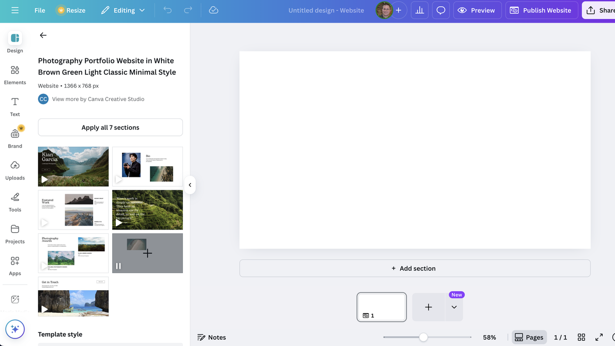 Website template being edited in Canva Websites