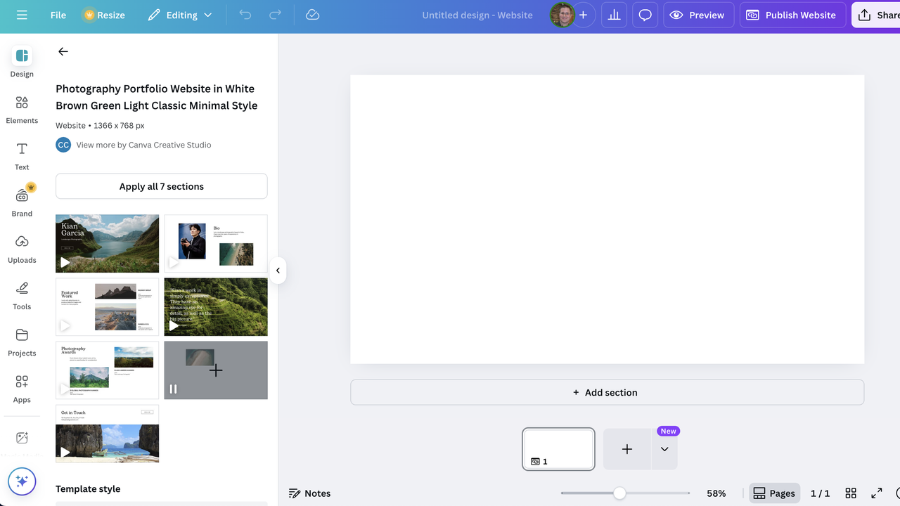 Website template being edited in Canva Websites