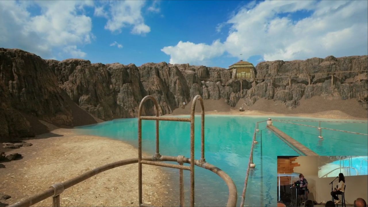 on-stream view of gameplay from the remake of Riven: The Sequel to Myst, showing a boiler on the shore of a crater lake with scaffolding going out into the middle of the lake