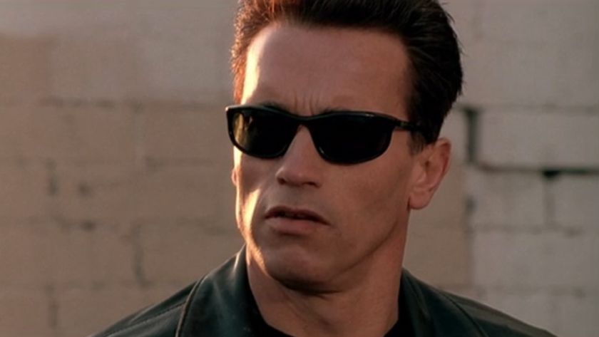 Arnold Schwarzenegger wearing sunglasses in Terminator 2. 