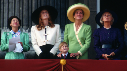 Princess Margaret, Countess of Snowdon, Sarah, Duchess of York, Prince Harry, Diana, Princess of Wales, wearing a green dress with yellow trim and matching hat, and the Duchess of Kent stand on the balcony of Buckingham Palace to watch The Battle of Britain Anniversary Parade on September 15, 1990 in London, England