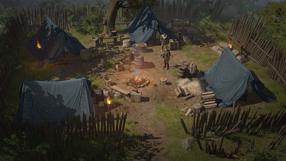 Wartales Berthram or captain choice - A guard outpost with blue tents and a fire in the middle