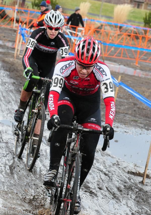 Amanda Carey leading Devon Haskell through the mud