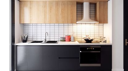 A luxury kitchen with wooden pannels and tiles 