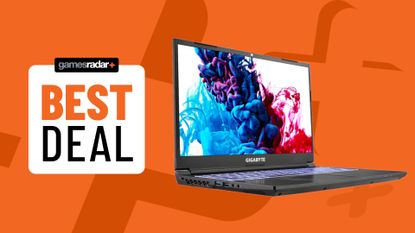 Gigabyte G5 gaming laptop on an orange background with best deals badge