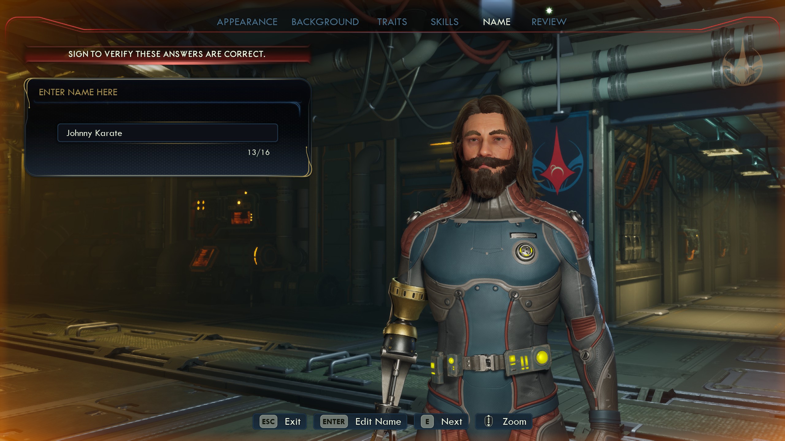 Outer Worlds character creation showing character named "Johnny Karate"