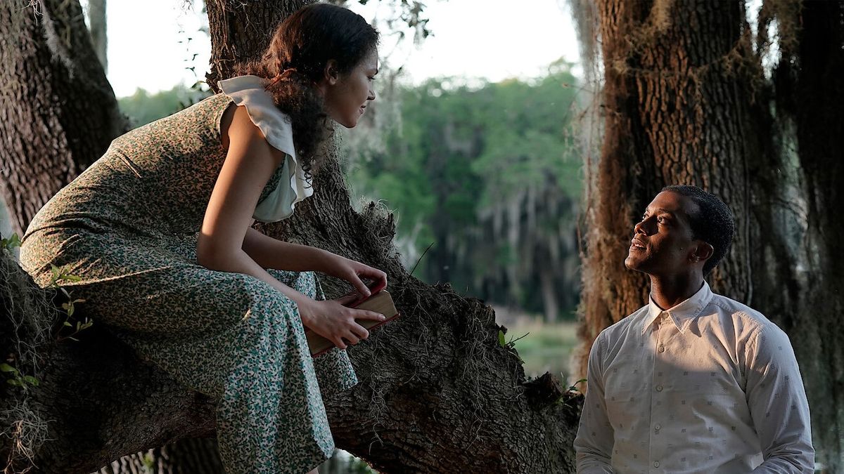 A Jazzman&#039;s Blues cast Solea Pfeiffer and Joshua Boone gazing at each other