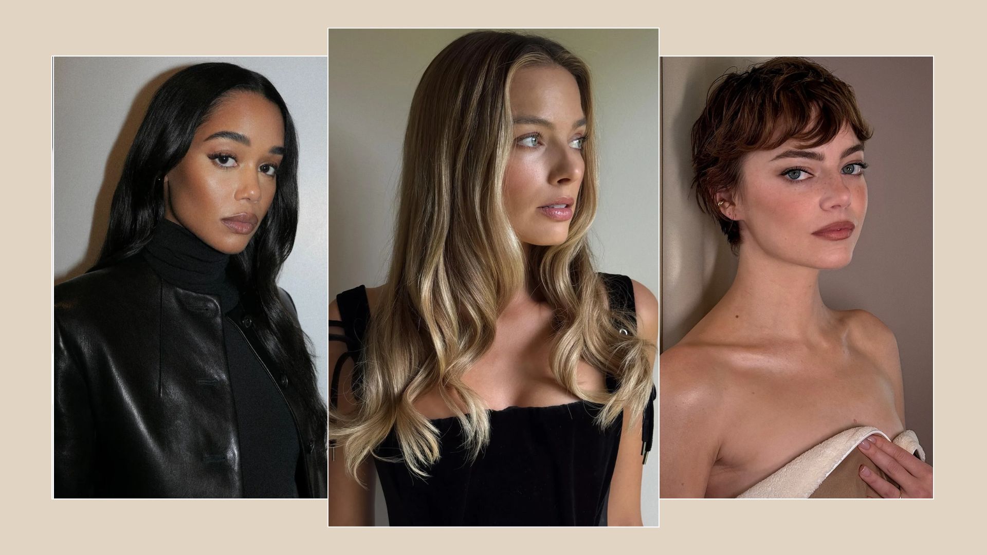 A collage of autumn hair trends, featuring Laura Harrier with dark brunette hair, Margot Robbie with biscotti blonde hair colour and Gracie Abrams with a relaxed bob haircut