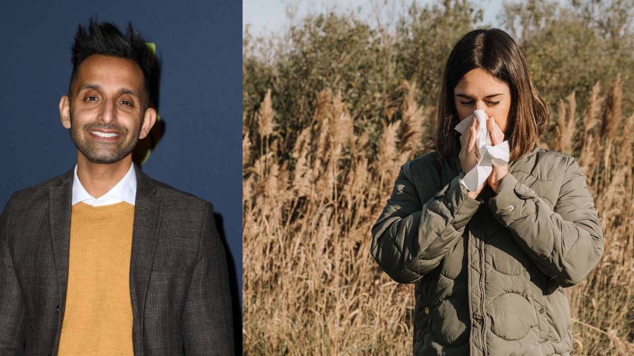 Dr Amir Khan next to woman blowing nose into tissue standing in field wearing spring coat, representing when to take hay fever medication