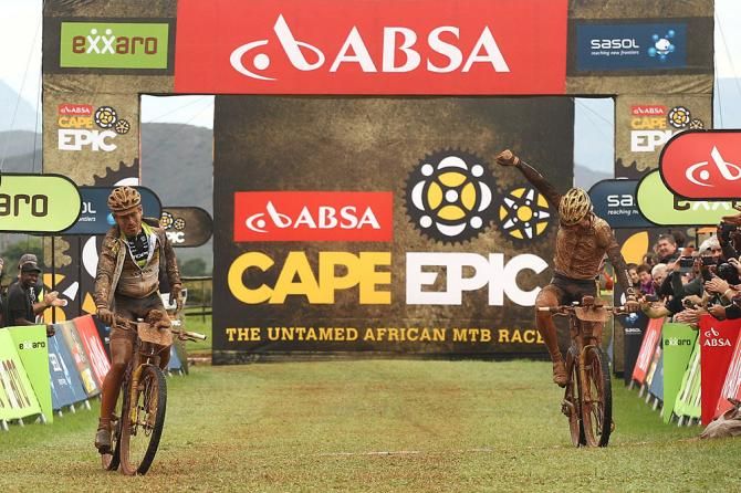 Robert Mennen and Kristian Hynek of Topeak-Ergon Racing celebrate after winning stage 2